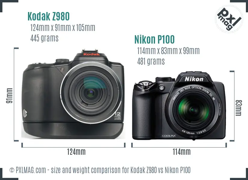 Kodak Z980 vs Nikon P100 size comparison