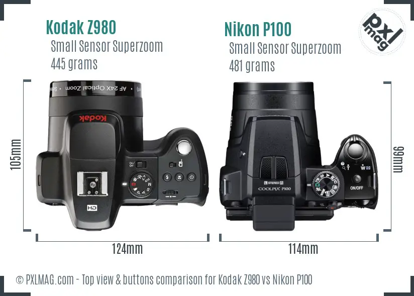 Kodak Z980 vs Nikon P100 top view buttons comparison