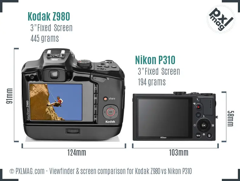 Kodak Z980 vs Nikon P310 Screen and Viewfinder comparison