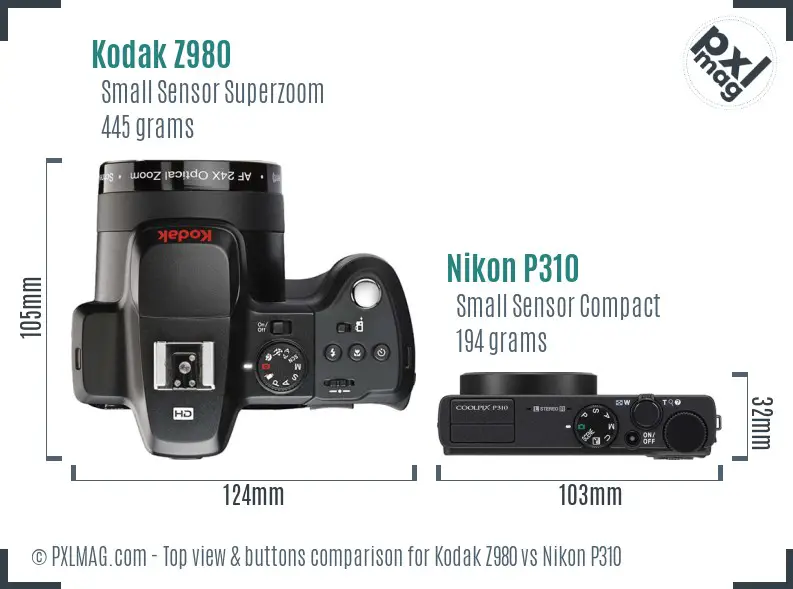 Kodak Z980 vs Nikon P310 top view buttons comparison