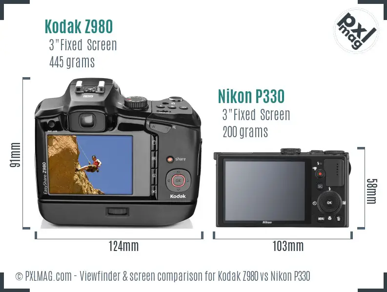 Kodak Z980 vs Nikon P330 Screen and Viewfinder comparison