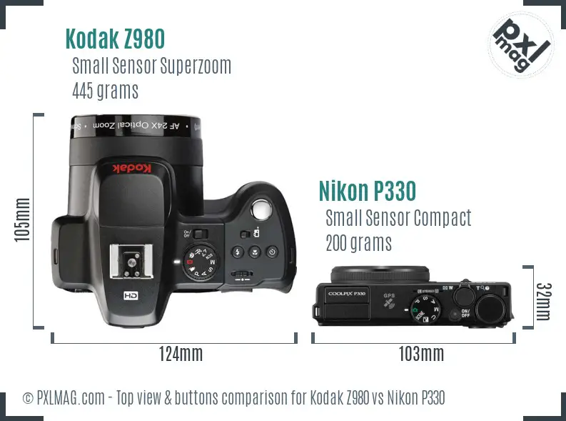 Kodak Z980 vs Nikon P330 top view buttons comparison