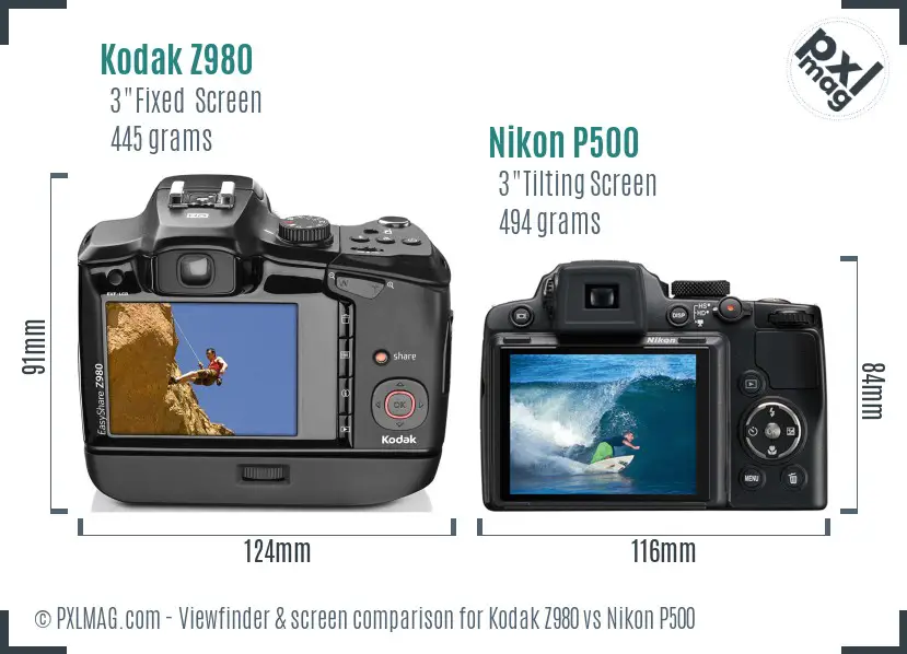 Kodak Z980 vs Nikon P500 Screen and Viewfinder comparison