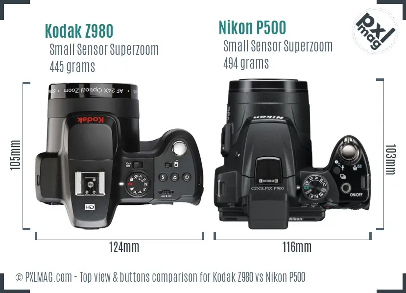 Kodak Z980 vs Nikon P500 top view buttons comparison