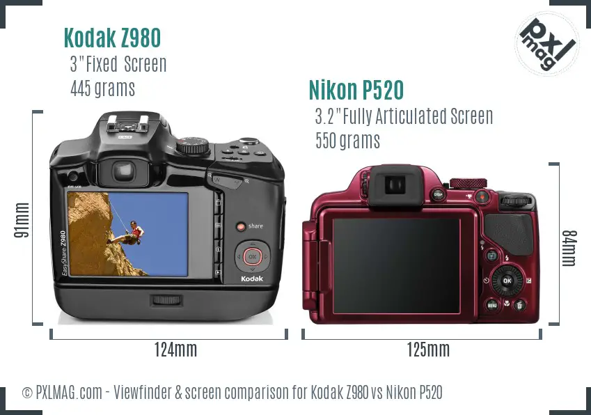 Kodak Z980 vs Nikon P520 Screen and Viewfinder comparison