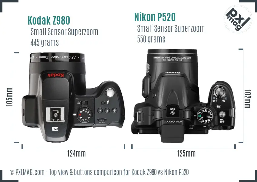 Kodak Z980 vs Nikon P520 top view buttons comparison