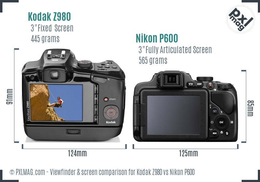 Kodak Z980 vs Nikon P600 Screen and Viewfinder comparison