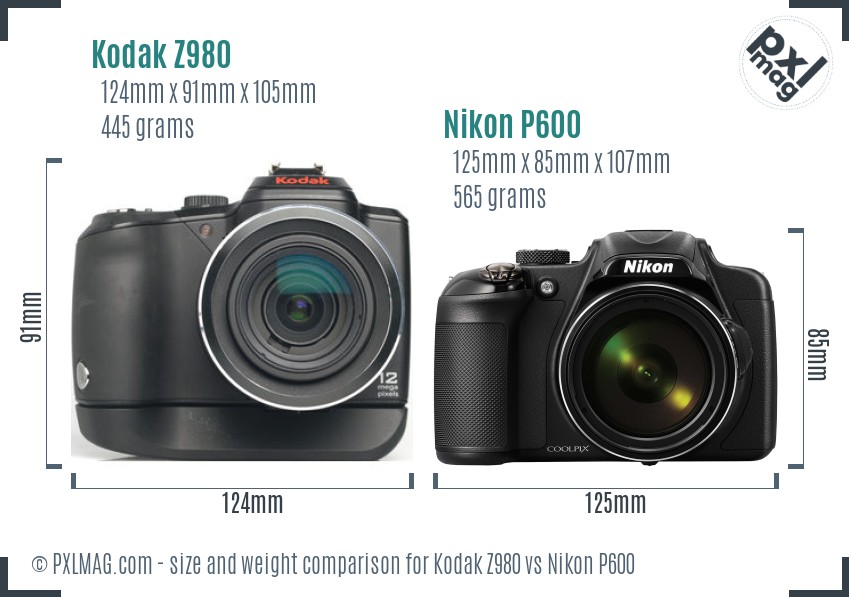 Kodak Z980 vs Nikon P600 size comparison