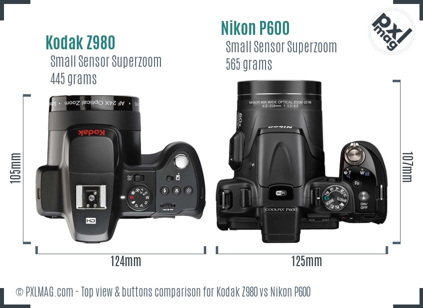 Kodak Z980 vs Nikon P600 top view buttons comparison