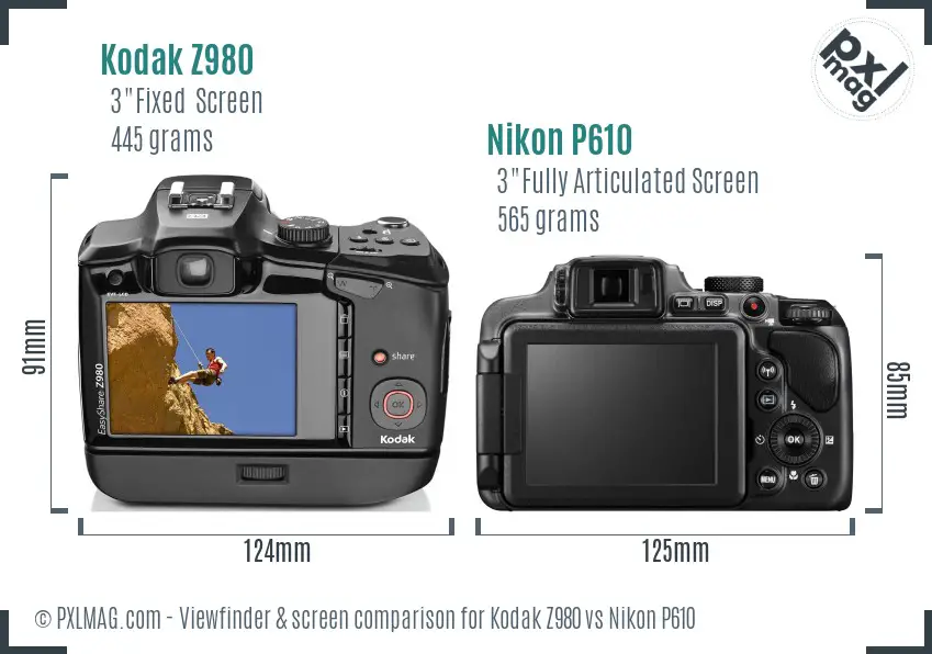 Kodak Z980 vs Nikon P610 Screen and Viewfinder comparison