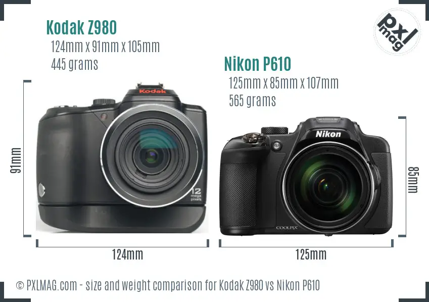 Kodak Z980 vs Nikon P610 size comparison