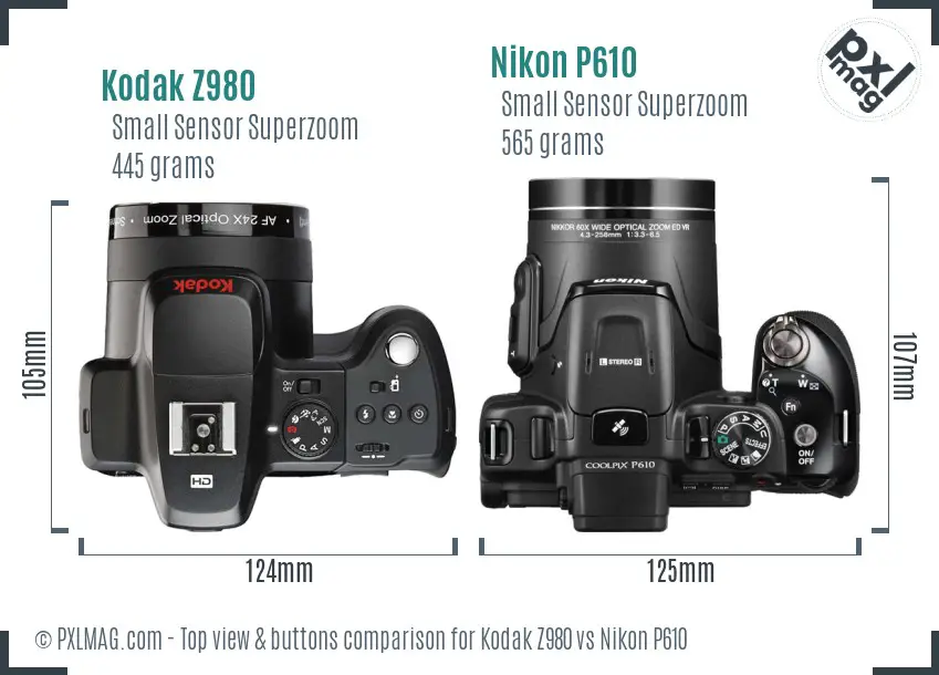 Kodak Z980 vs Nikon P610 top view buttons comparison