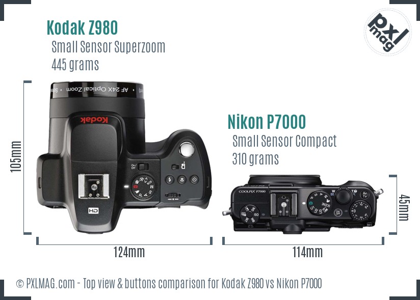 Kodak Z980 vs Nikon P7000 top view buttons comparison