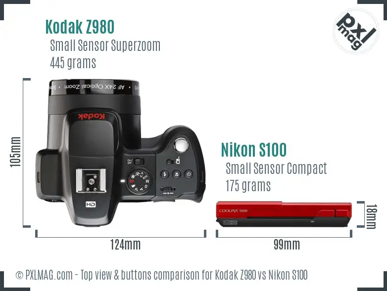Kodak Z980 vs Nikon S100 top view buttons comparison Kodak Z980 vs Nikon S100 top view buttons comparison