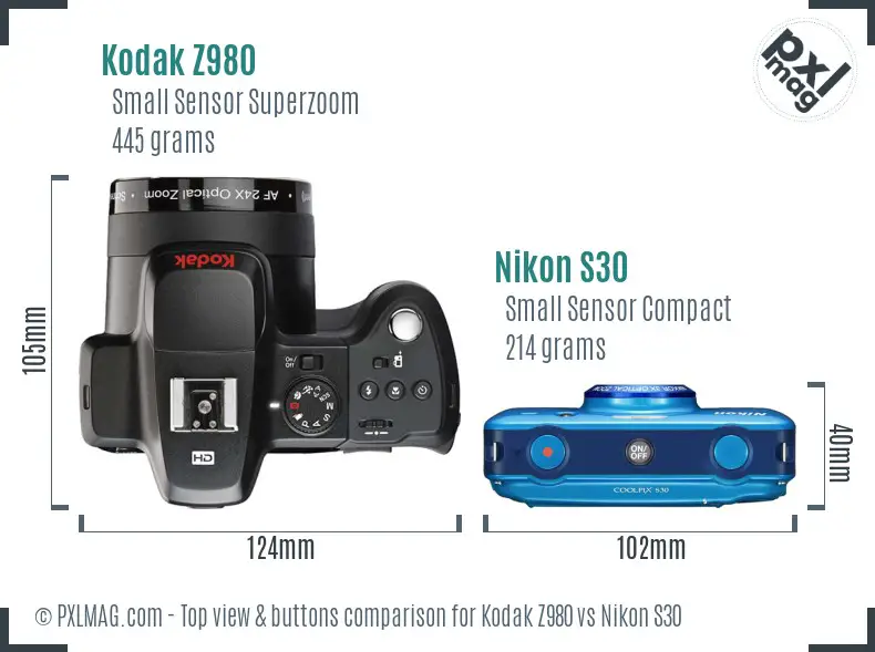 Kodak Z980 vs Nikon S30 top view buttons comparison Kodak Z980 vs Nikon S30 top view buttons comparison
