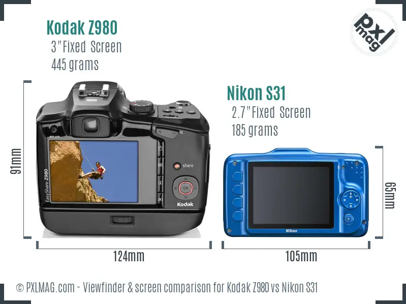 Kodak Z980 vs Nikon S31 Screen and Viewfinder comparison