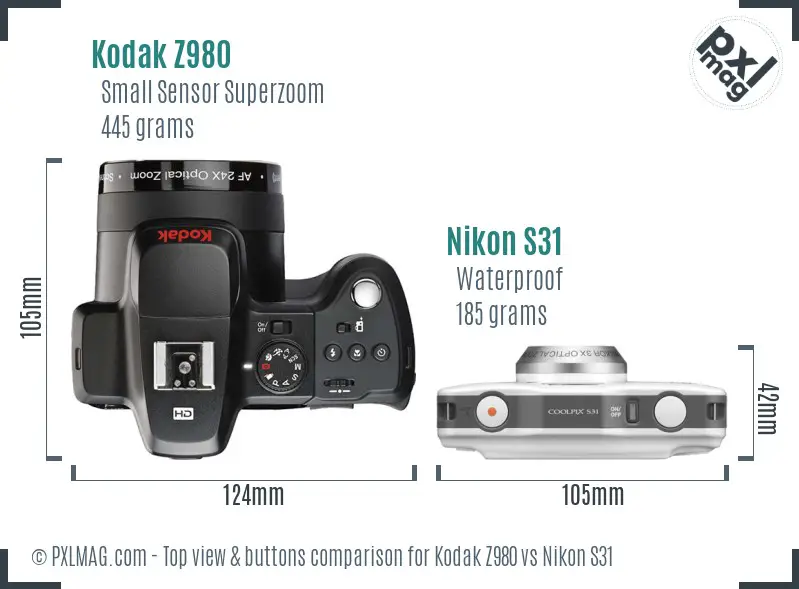 Kodak Z980 vs Nikon S31 top view buttons comparison