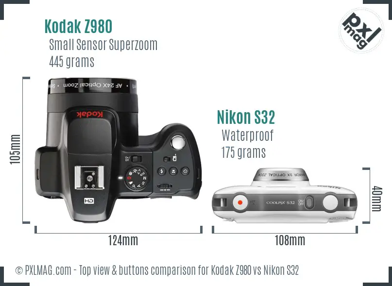 Kodak Z980 vs Nikon S32 top view buttons comparison