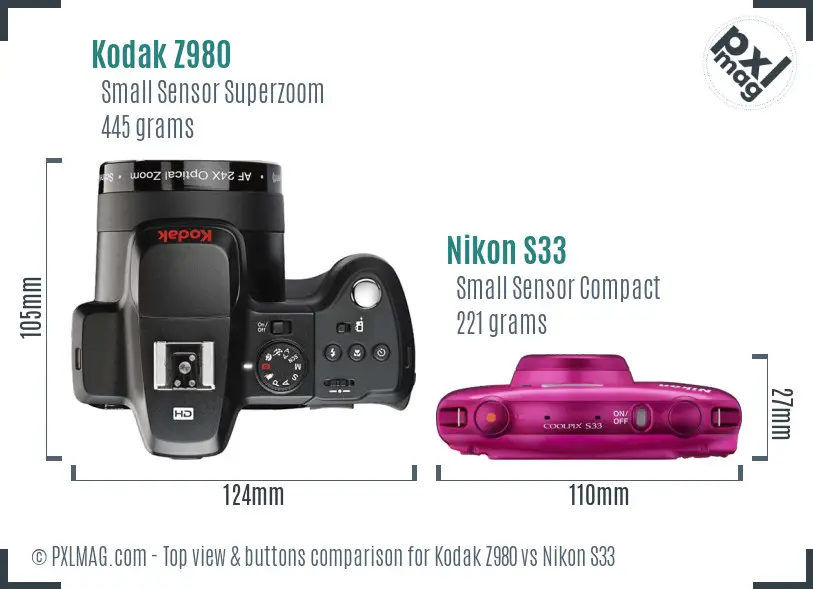 Kodak Z980 vs Nikon S33 top view buttons comparison