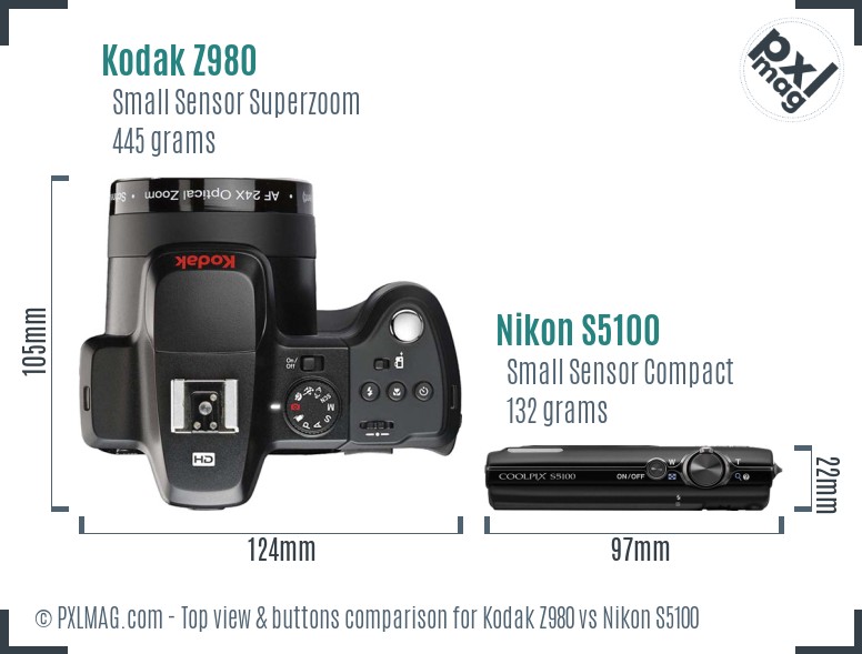 Kodak Z980 vs Nikon S5100 top view buttons comparison