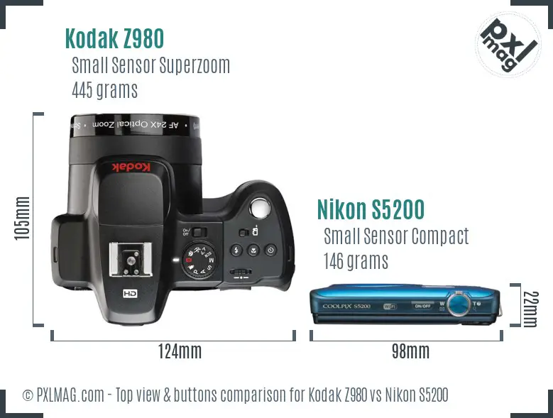 Kodak Z980 vs Nikon S5200 top view buttons comparison
