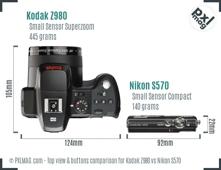 Kodak Z980 vs Nikon S570 top view buttons comparison Kodak Z980 vs Nikon S570 top view buttons comparison