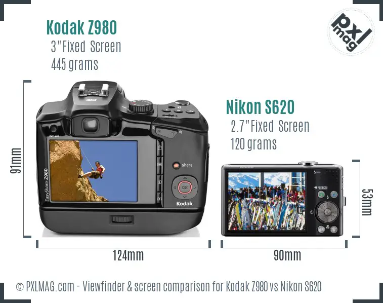 Kodak Z980 vs Nikon S620 Screen and Viewfinder comparison