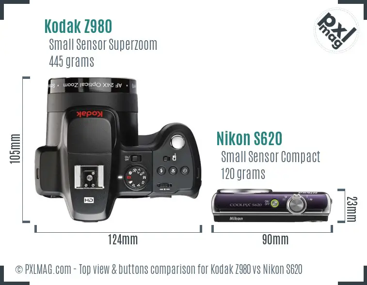 Kodak Z980 vs Nikon S620 top view buttons comparison