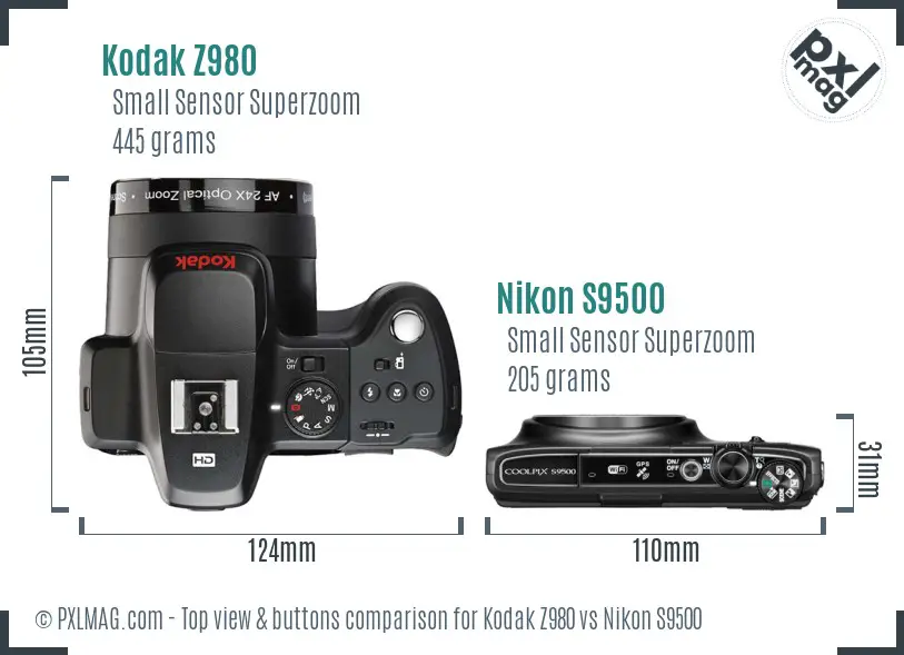 Kodak Z980 vs Nikon S9500 top view buttons comparison Kodak Z980 vs Nikon S9500 top view buttons comparison