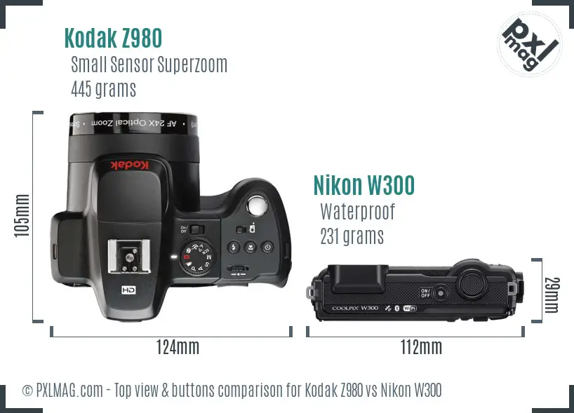 Kodak Z980 vs Nikon W300 top view buttons comparison