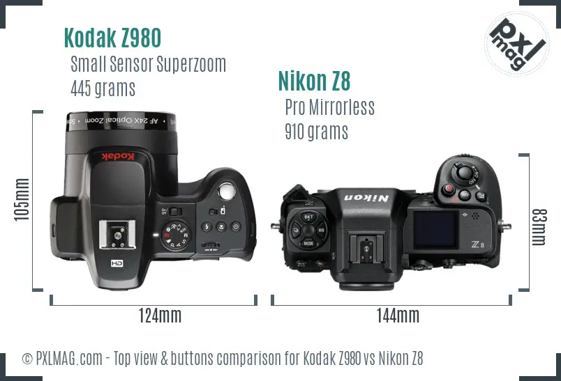 Kodak Z980 vs Nikon Z8 top view buttons comparison Kodak Z980 vs Nikon Z8 top view buttons comparison