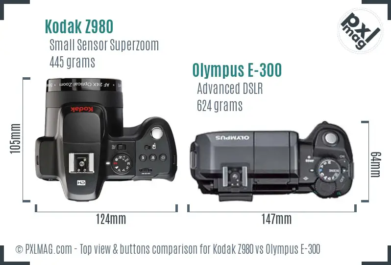 Kodak Z980 vs Olympus E-300 top view buttons comparison