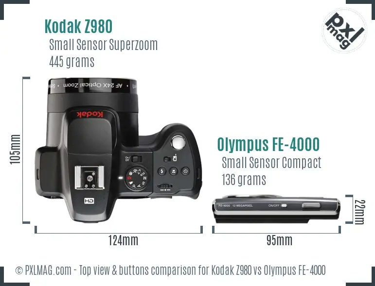 Kodak Z980 vs Olympus FE-4000 top view buttons comparison