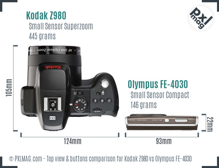 Kodak Z980 vs Olympus FE-4030 top view buttons comparison