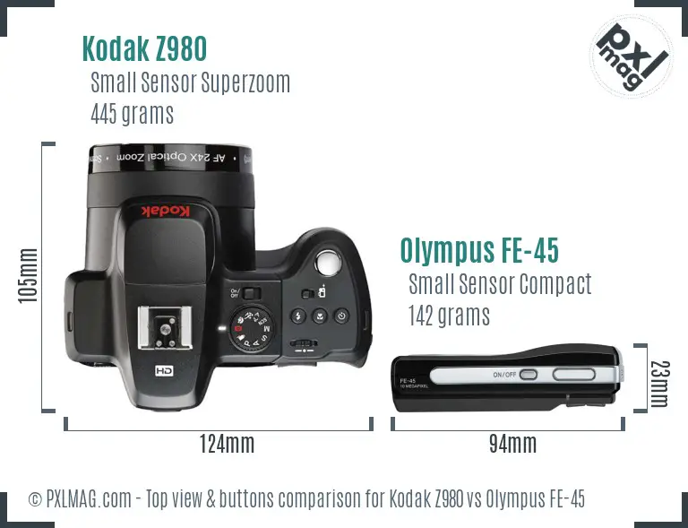 Kodak Z980 vs Olympus FE-45 top view buttons comparison