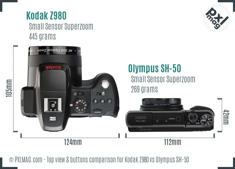 Kodak Z980 vs Olympus SH-50 top view buttons comparison Kodak Z980 vs Olympus SH-50 top view buttons comparison