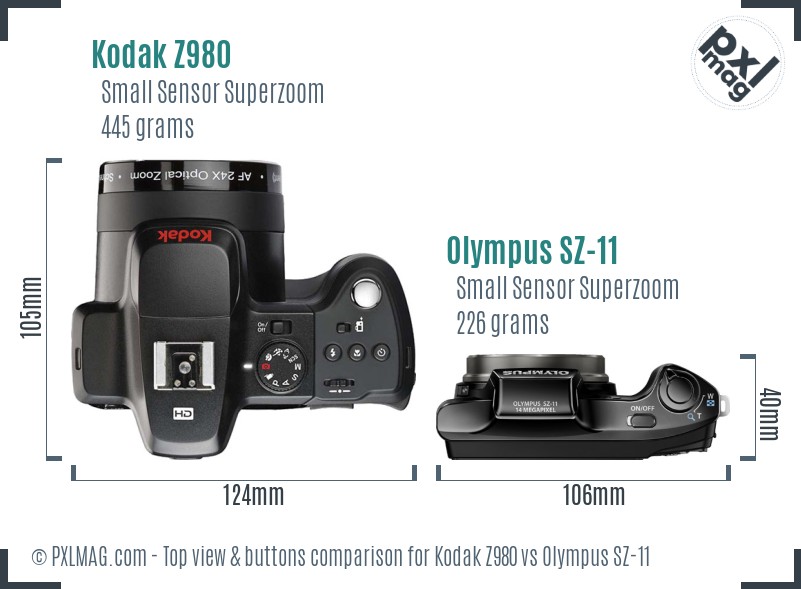 Kodak Z980 vs Olympus SZ-11 top view buttons comparison