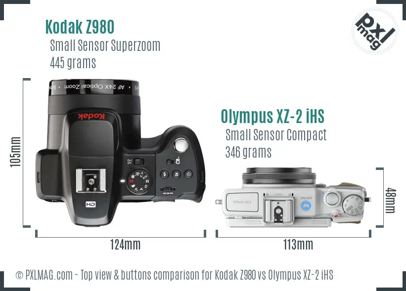 Kodak Z980 vs Olympus XZ-2 iHS top view buttons comparison Kodak Z980 vs Olympus XZ-2 iHS top view buttons comparison
