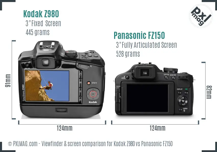 Kodak Z980 vs Panasonic FZ150 Screen and Viewfinder comparison