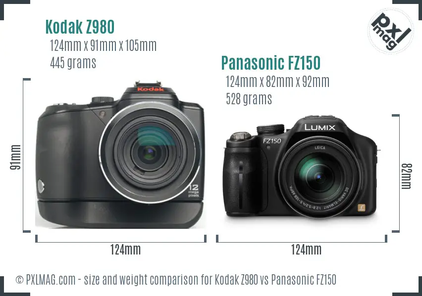 Kodak Z980 vs Panasonic FZ150 size comparison