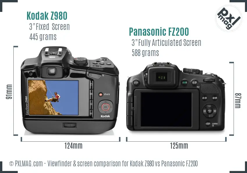 Kodak Z980 vs Panasonic FZ200 Screen and Viewfinder comparison