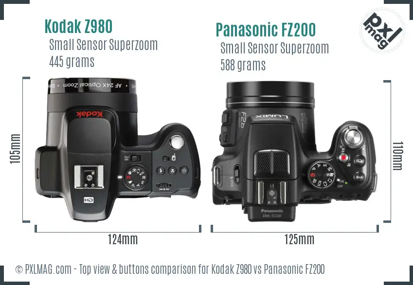 Kodak Z980 vs Panasonic FZ200 top view buttons comparison
