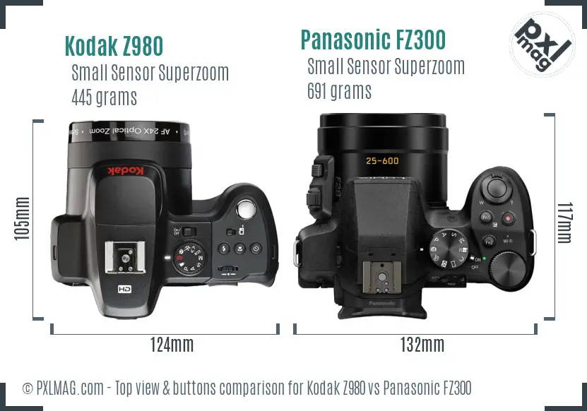 Kodak Z980 vs Panasonic FZ300 top view buttons comparison Kodak Z980 vs Panasonic FZ300 top view buttons comparison