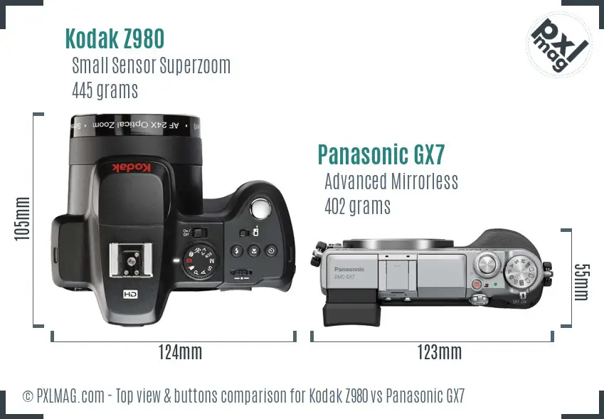 Kodak Z980 vs Panasonic GX7 top view buttons comparison