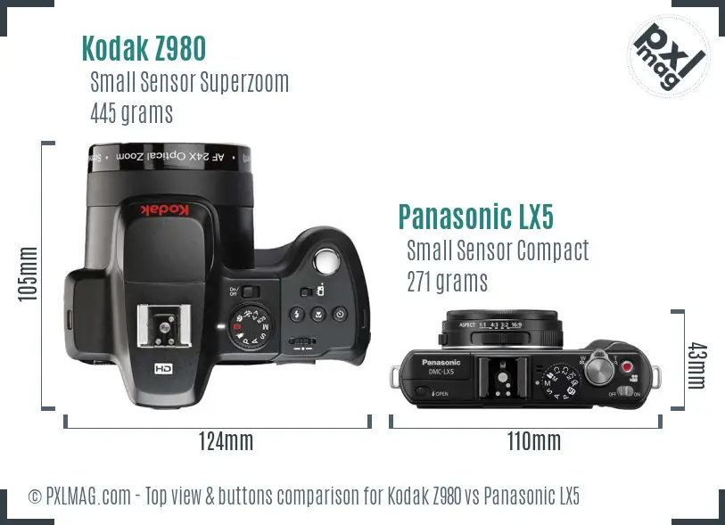 Kodak Z980 vs Panasonic LX5 top view buttons comparison Kodak Z980 vs Panasonic LX5 top view buttons comparison