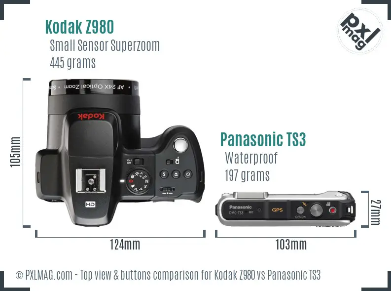 Kodak Z980 vs Panasonic TS3 top view buttons comparison Kodak Z980 vs Panasonic TS3 top view buttons comparison