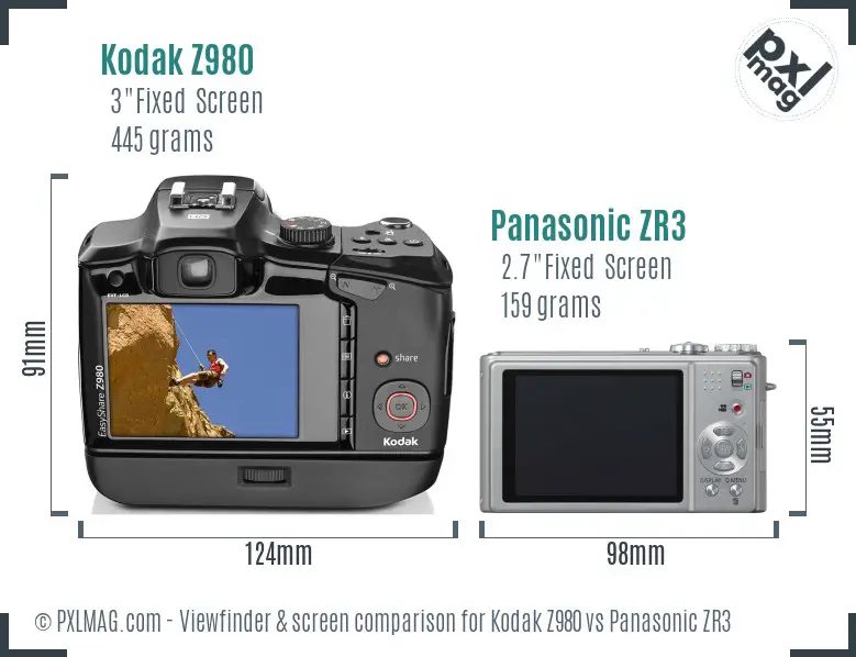 Kodak Z980 vs Panasonic ZR3 Screen and Viewfinder comparison