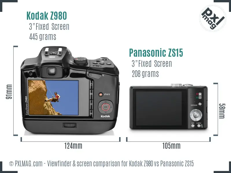 Kodak Z980 vs Panasonic ZS15 Screen and Viewfinder comparison