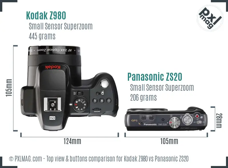 Kodak Z980 vs Panasonic ZS20 top view buttons comparison Kodak Z980 vs Panasonic ZS20 top view buttons comparison