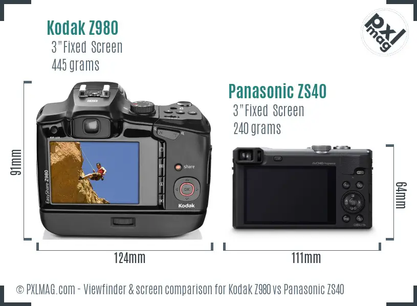 Kodak Z980 vs Panasonic ZS40 Screen and Viewfinder comparison